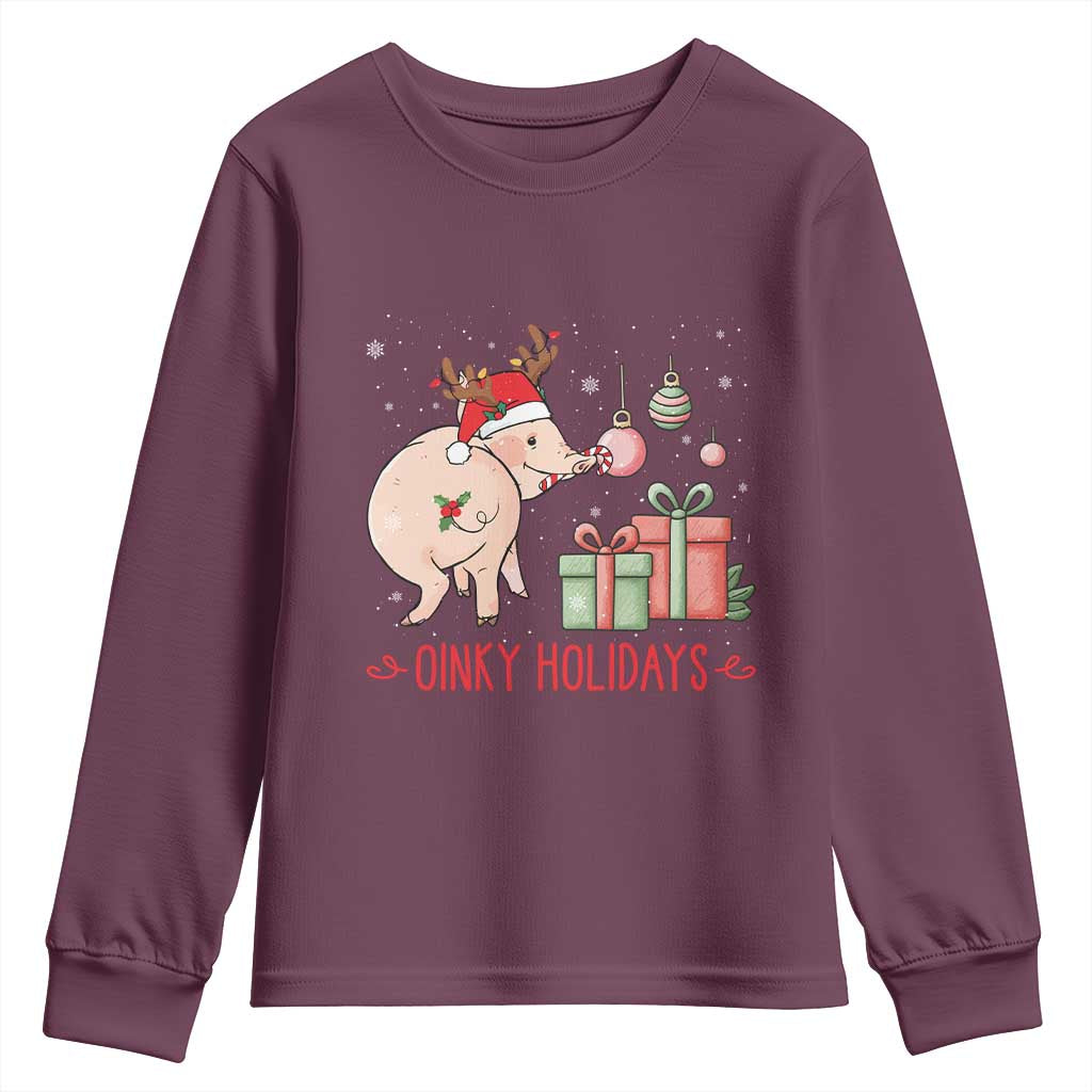 Oinky Holidays Youth Sweatshirt Funny Christmas Pig Lover Gift TS12 Maroon Print Your Wear