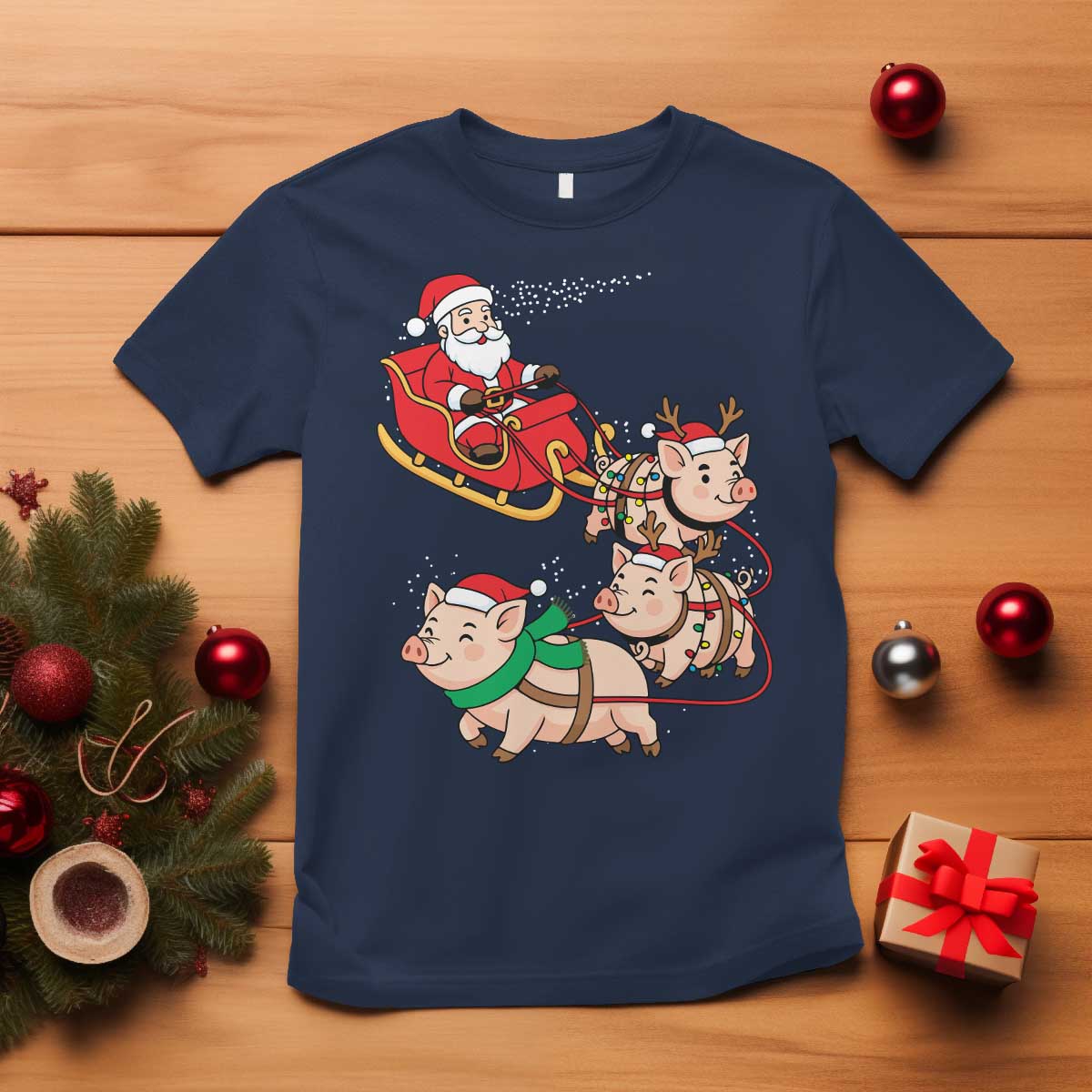 Santa Pig Sleigh Crew T Shirt Funny Christmas Pig Lover Gift TS12 Navy Print Your Wear