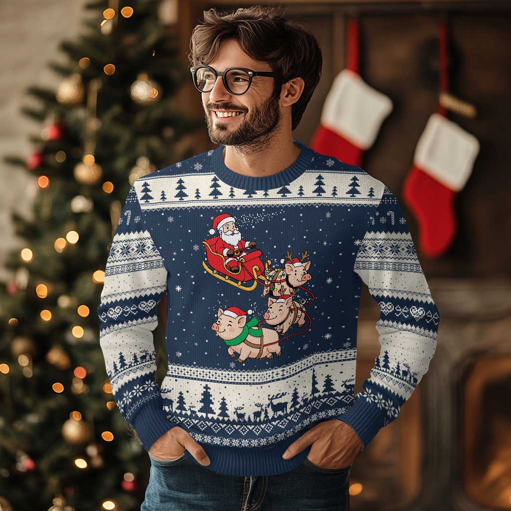 Santa Pig Sleigh Crew Ugly Christmas Sweater Funny Xmas Pig Lover Gift TS12 Navy Beige Print Your Wear