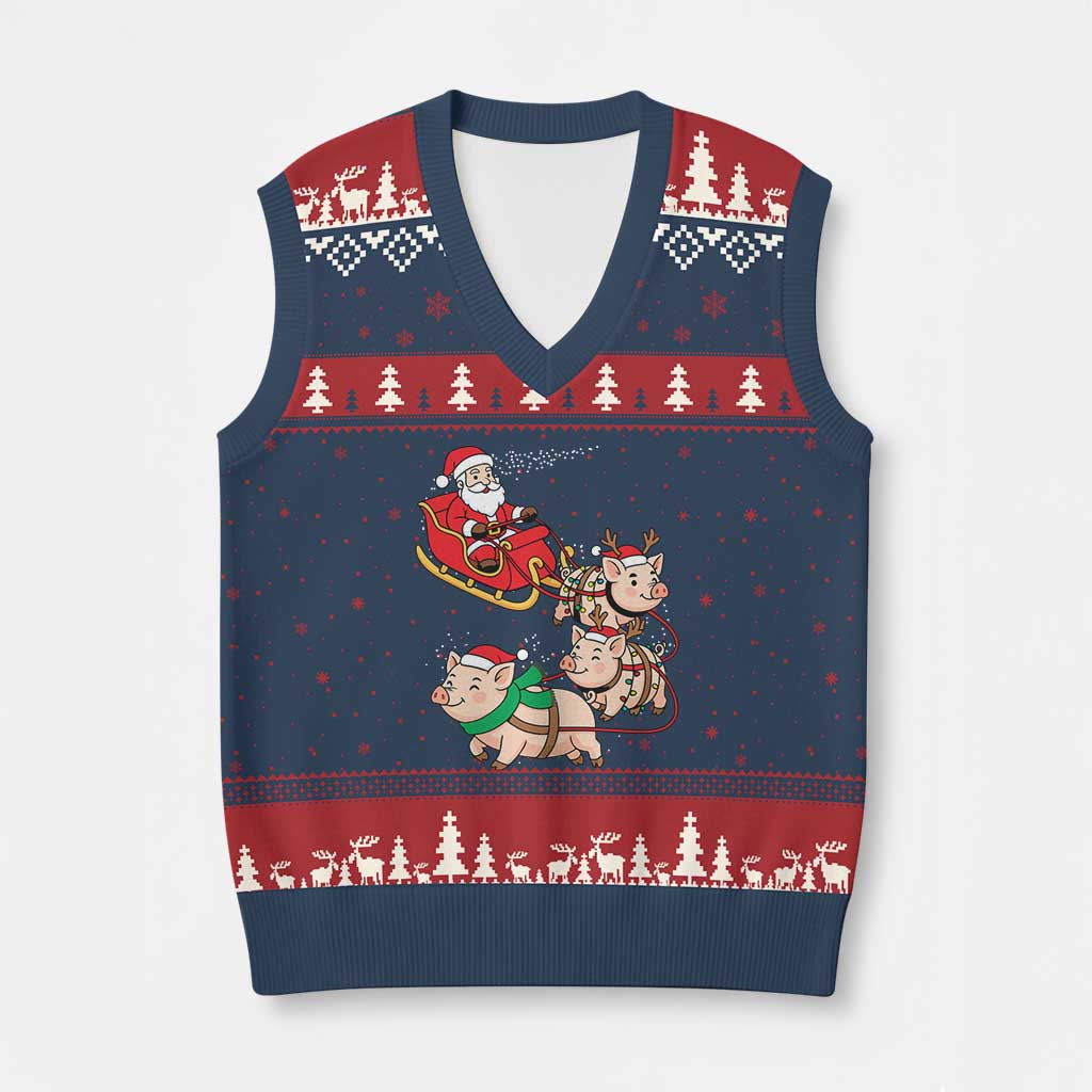 Santa Pig Sleigh Crew V-Neck Knit Sweater Vest Funny Xmas Pig Lover Gift TS12 Navy Red Print Your Wear