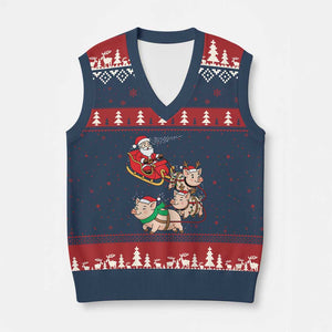 Santa Pig Sleigh Crew V-Neck Knit Sweater Vest Funny Xmas Pig Lover Gift TS12 Navy Red Print Your Wear