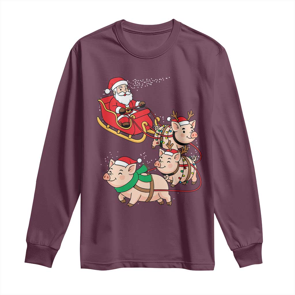 Santa Pig Sleigh Crew Long Sleeve Shirt Funny Christmas Pig Lover Gift TS12 Maroon Print Your Wear