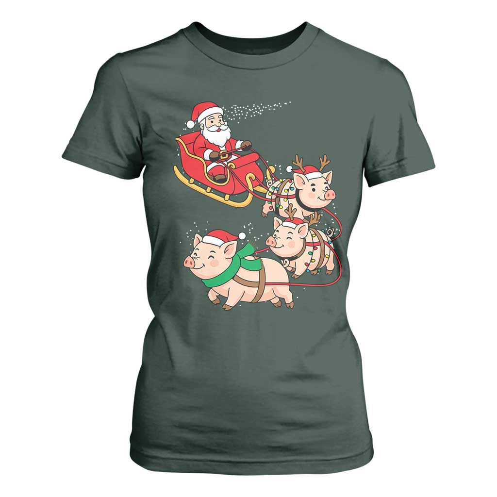 Santa Pig Sleigh Crew T Shirt For Women Funny Christmas Pig Lover Gift TS12 Dark Forest Green Print Your Wear