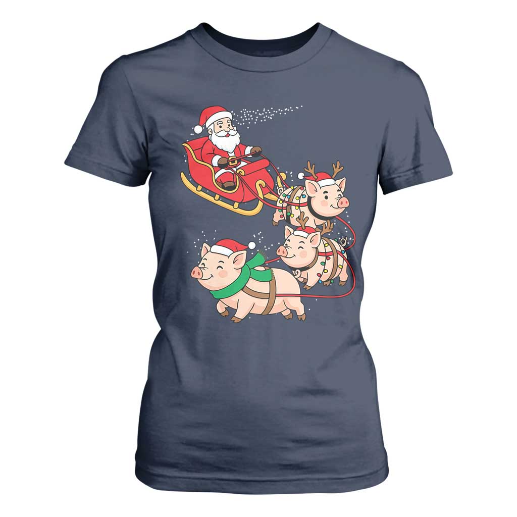 Santa Pig Sleigh Crew T Shirt For Women Funny Christmas Pig Lover Gift TS12 Navy Print Your Wear