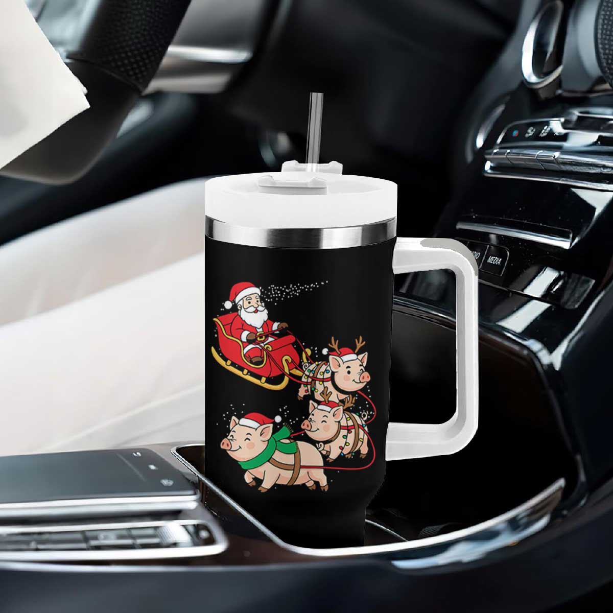 Santa Pig Sleigh Crew Tumbler With Handle Funny Christmas Pig Lover Gift TS12 Print Your Wear
