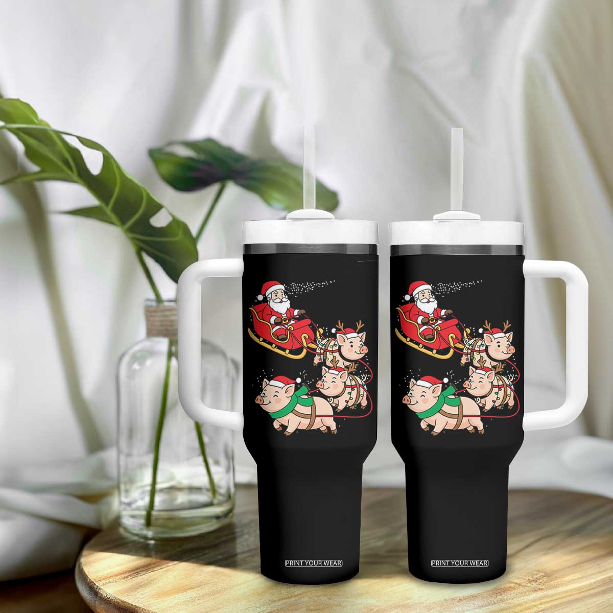 Santa Pig Sleigh Crew Tumbler With Handle Funny Christmas Pig Lover Gift TS12 Print Your Wear