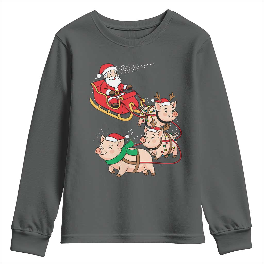 Santa Pig Sleigh Crew Youth Sweatshirt Funny Christmas Pig Lover Gift TS12 Dark Heather Print Your Wear