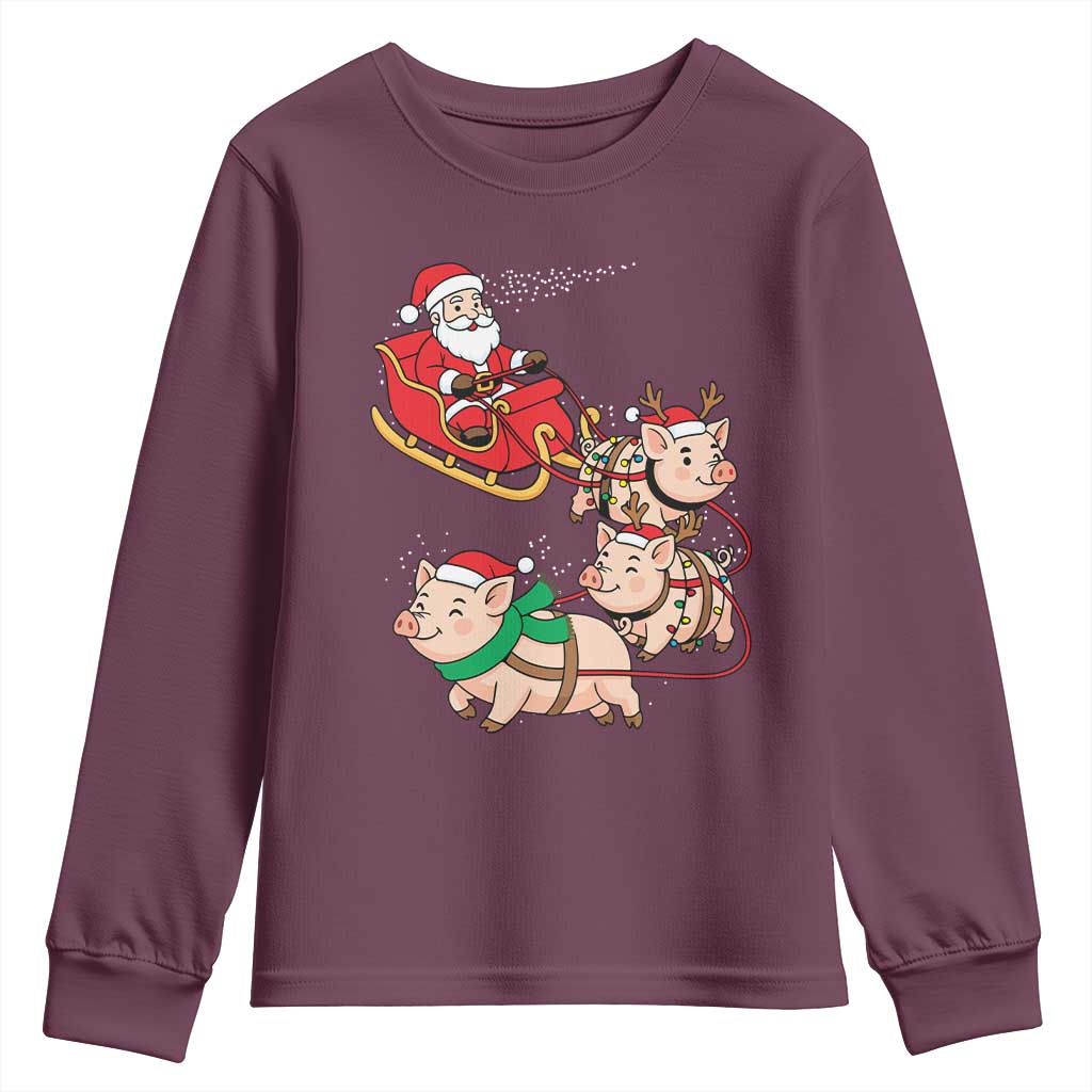 Santa Pig Sleigh Crew Youth Sweatshirt Funny Christmas Pig Lover Gift TS12 Maroon Print Your Wear