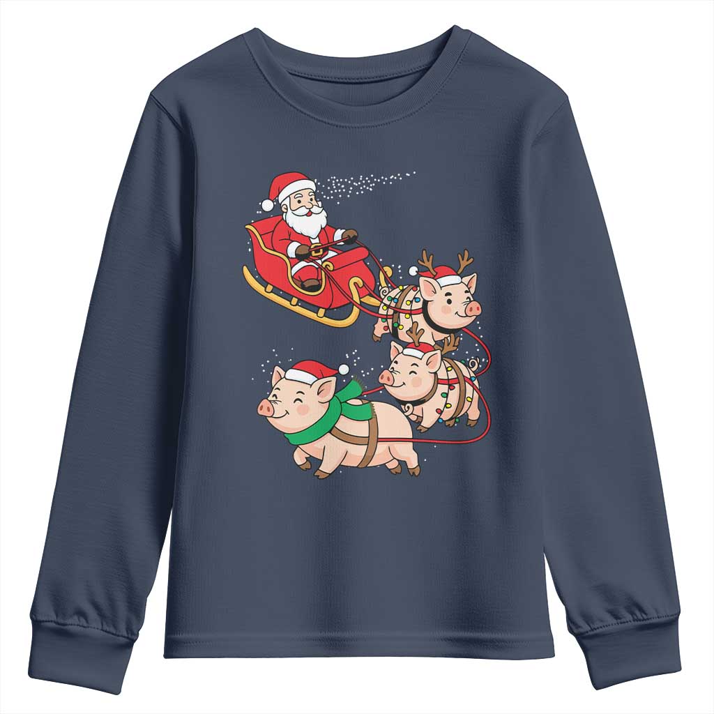 Santa Pig Sleigh Crew Youth Sweatshirt Funny Christmas Pig Lover Gift TS12 Navy Print Your Wear