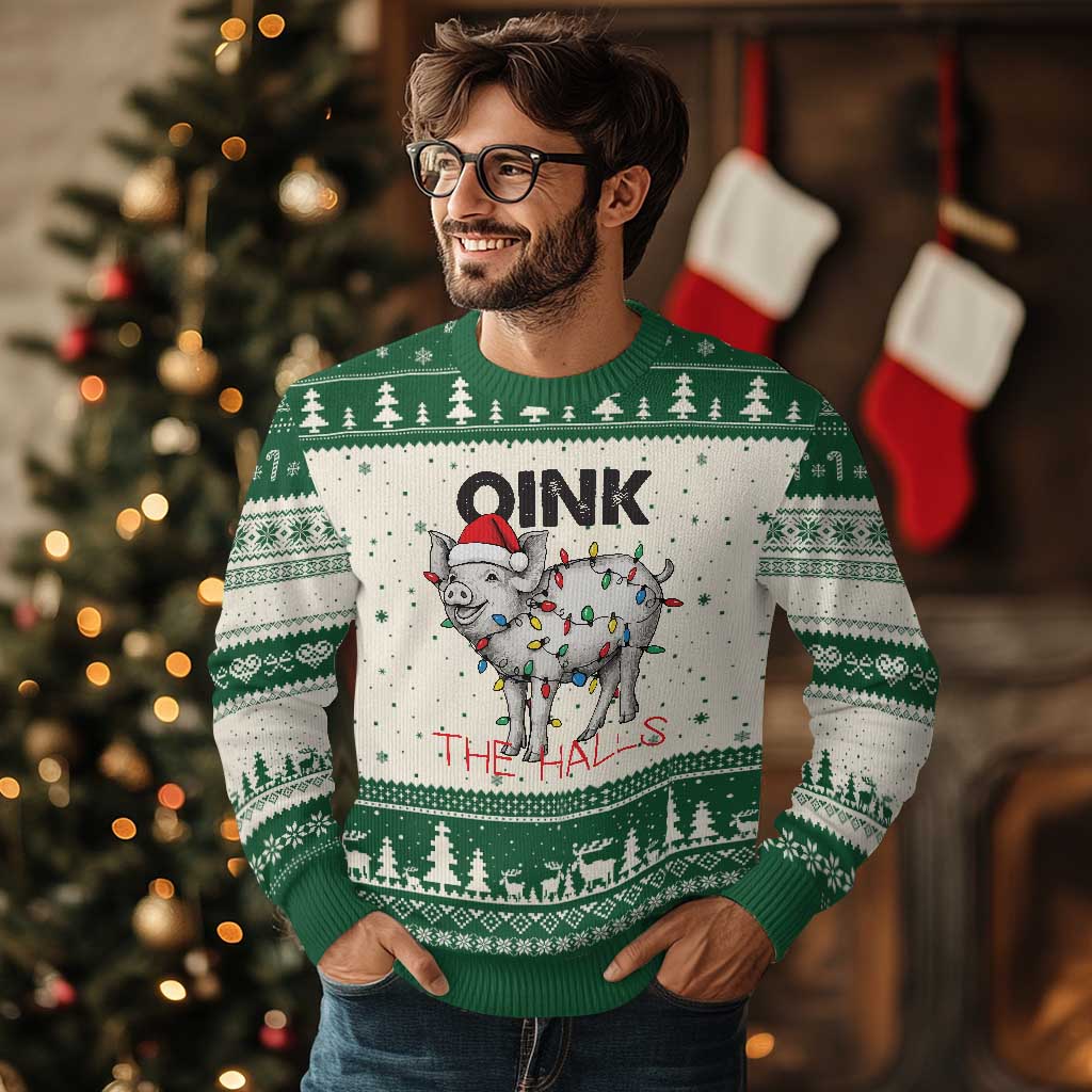 Oink The Halls Ugly Christmas Sweater Funny Xmas Pig Lover Gift TS12 Beige Green Print Your Wear
