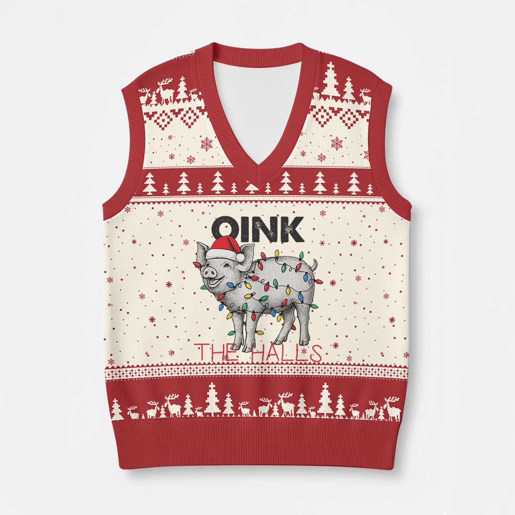 Oink The Halls V-Neck Knit Sweater Vest Funny Xmas Pig Lover Gift TS12 Beige Red Print Your Wear