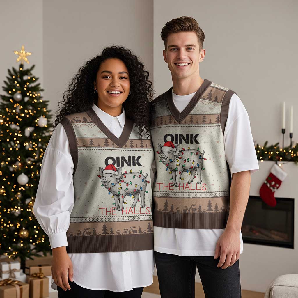 Oink The Halls V-Neck Knit Sweater Vest Funny Xmas Pig Lover Gift TS12 Mocha Mousse Print Your Wear