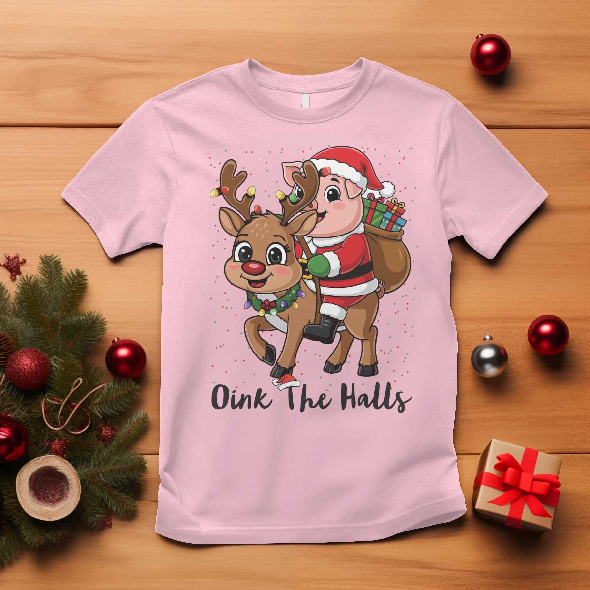 Oink The Halls T Shirt Pig Christmas Farm Life Gift TS12 Light Pink Print Your Wear