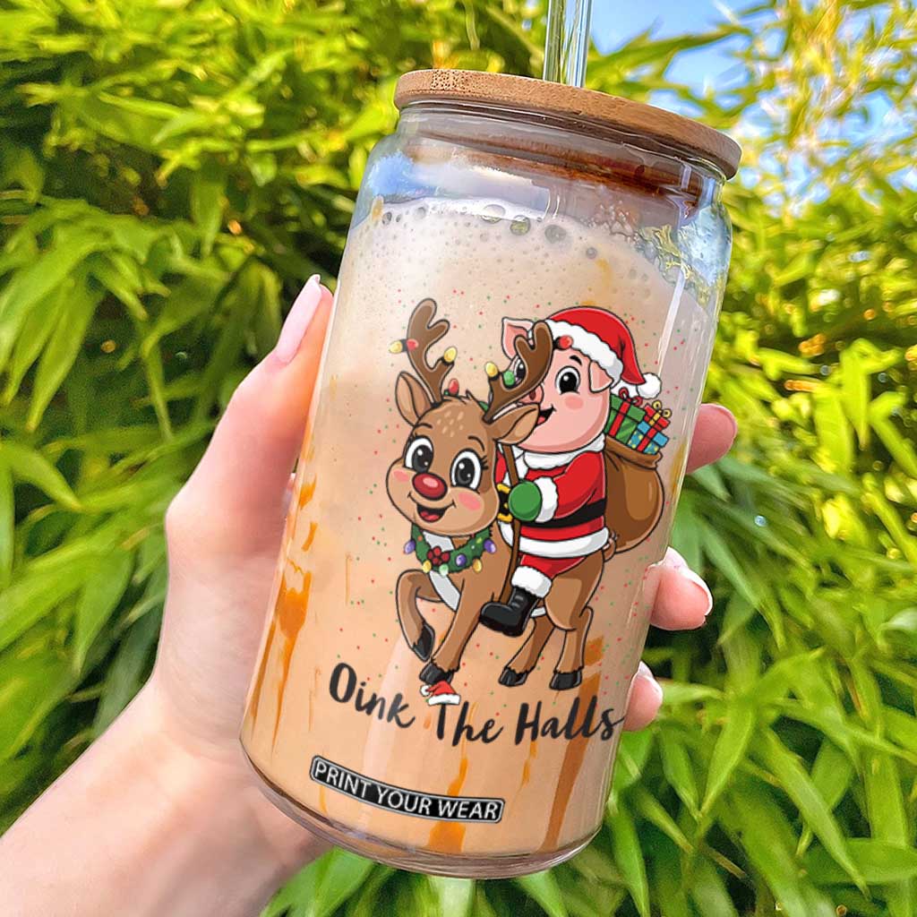 Oink The Halls Glass Can Pig Christmas Farm Life Gift TS12 White Print Your Wear