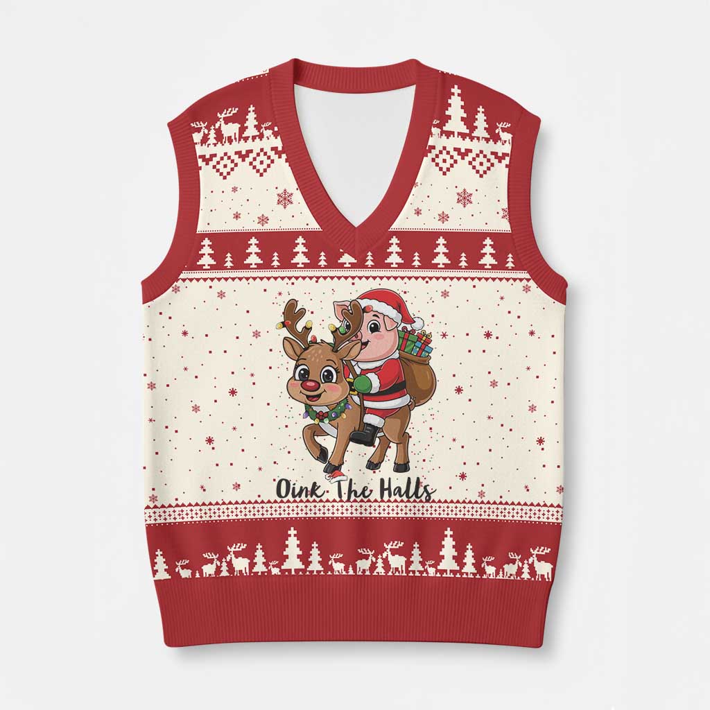 Oink The Halls V-Neck Knit Sweater Vest Pig Xmas Farm Life Gift TS12 Beige Red Print Your Wear
