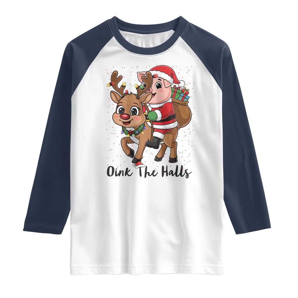 Oink The Halls Raglan Shirt Pig Christmas Farm Life Gift TS12 White Navy Print Your Wear