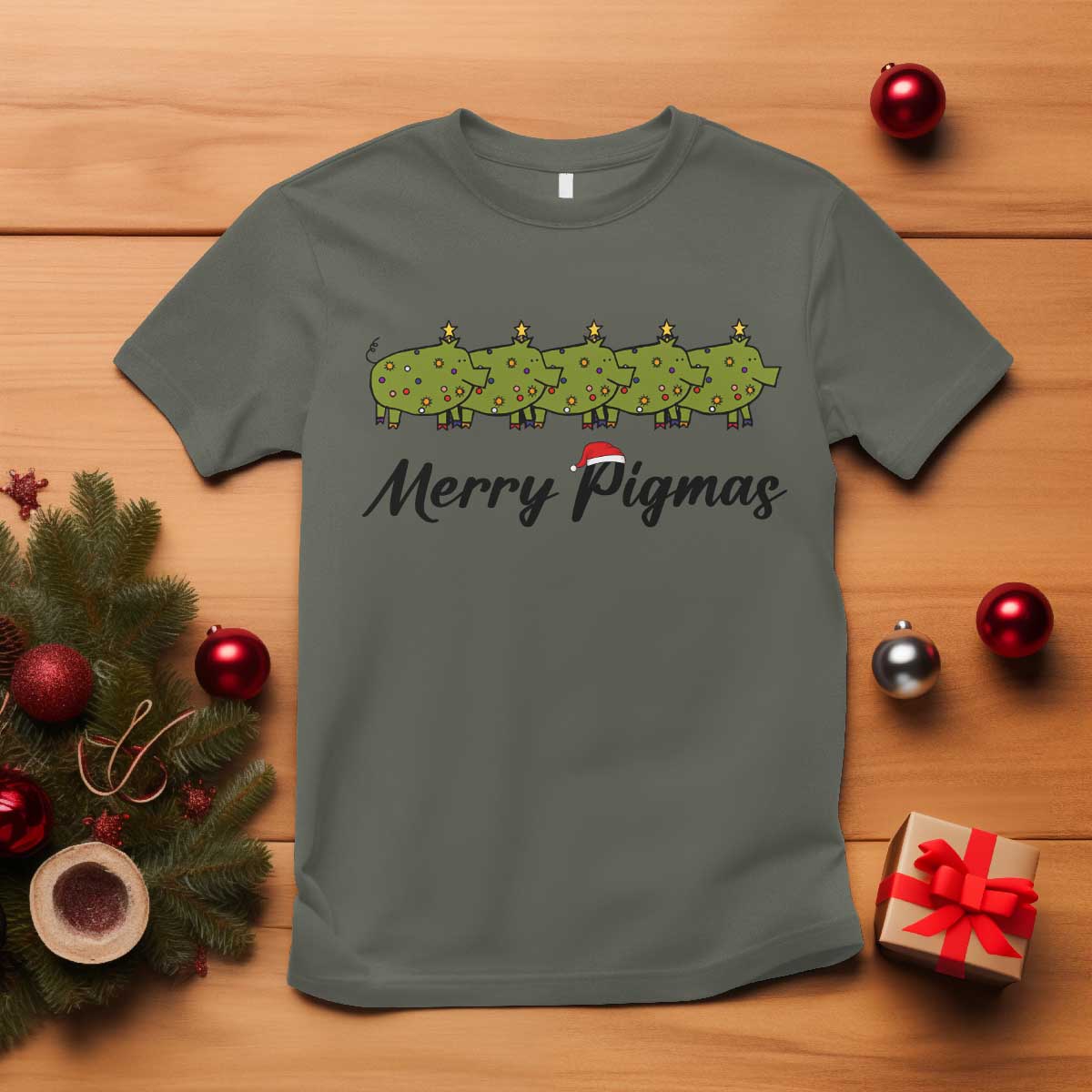 Merry Pigmas T Shirt Holiday Gift For Pig Lovers TS12 Military Green Print Your Wear