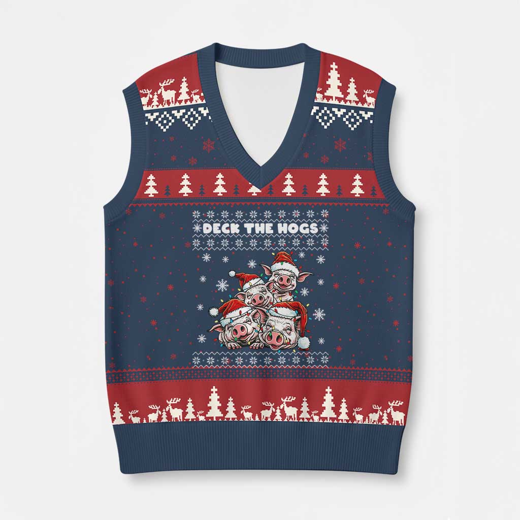 Deck The Hogs Ugly Xmas Sweater V-Neck Knit Sweater Vest Pig Lover Gift TS12 Navy Red Print Your Wear