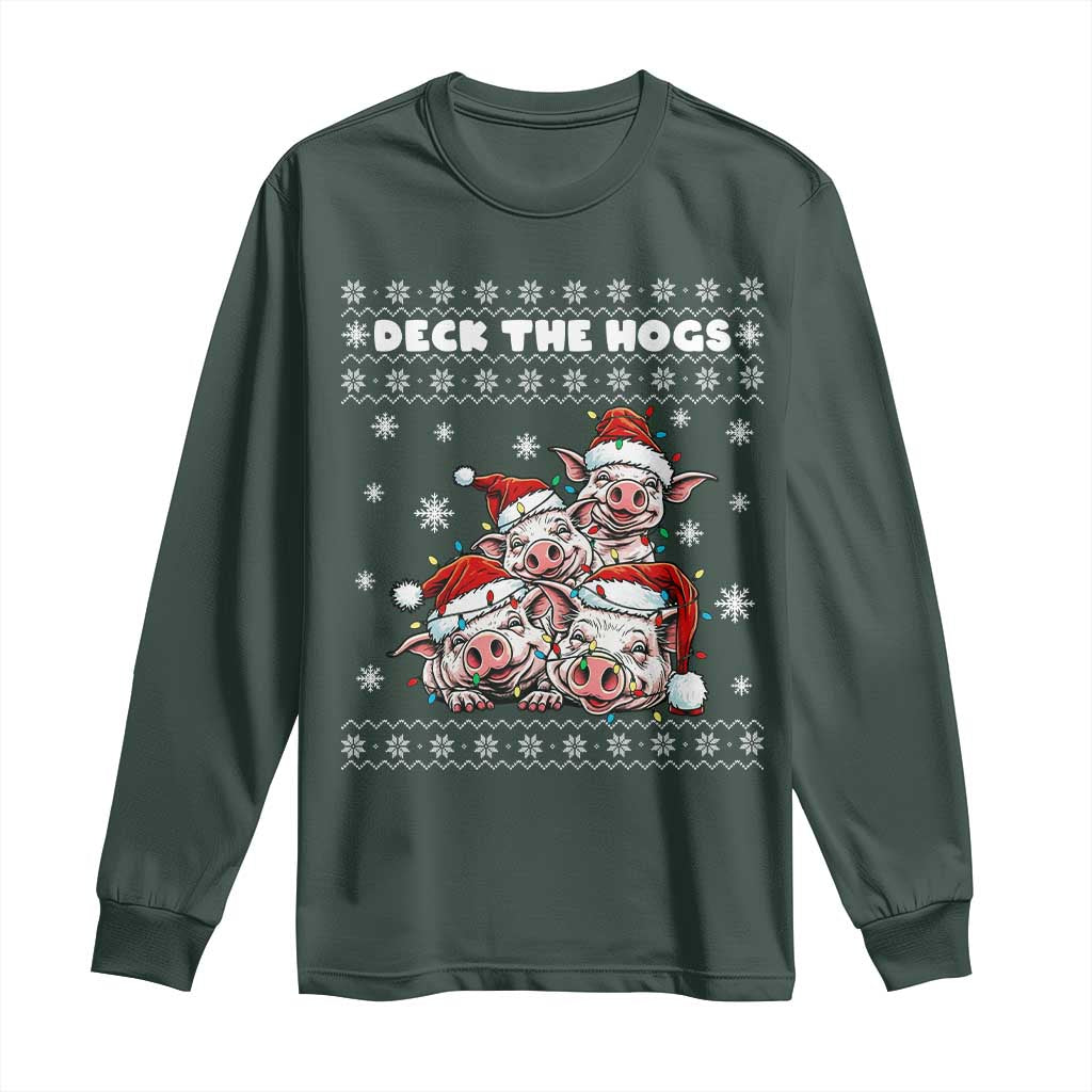 Deck The Hogs Ugly Christmas Sweater Long Sleeve Shirt Pig Lover Gift TS12 Dark Forest Green Print Your Wear