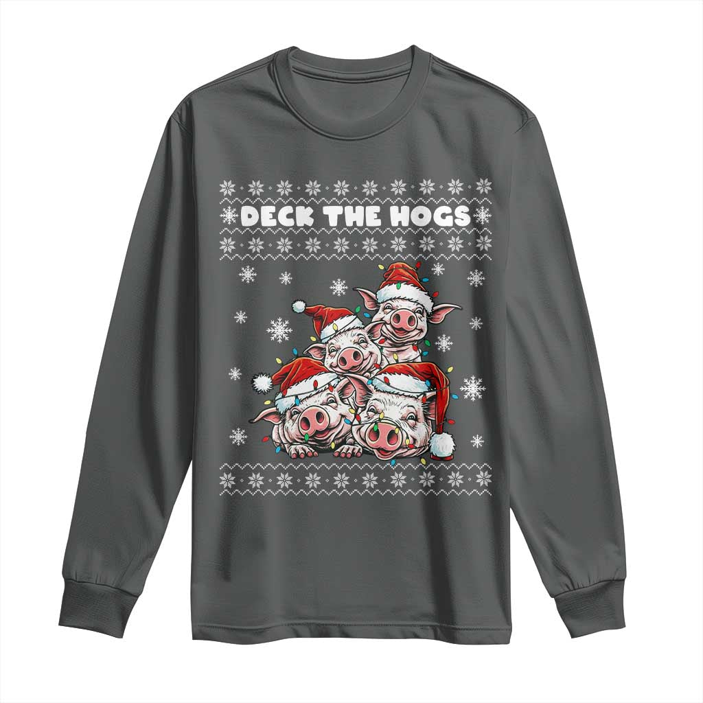 Deck The Hogs Ugly Christmas Sweater Long Sleeve Shirt Pig Lover Gift TS12 Dark Heather Print Your Wear