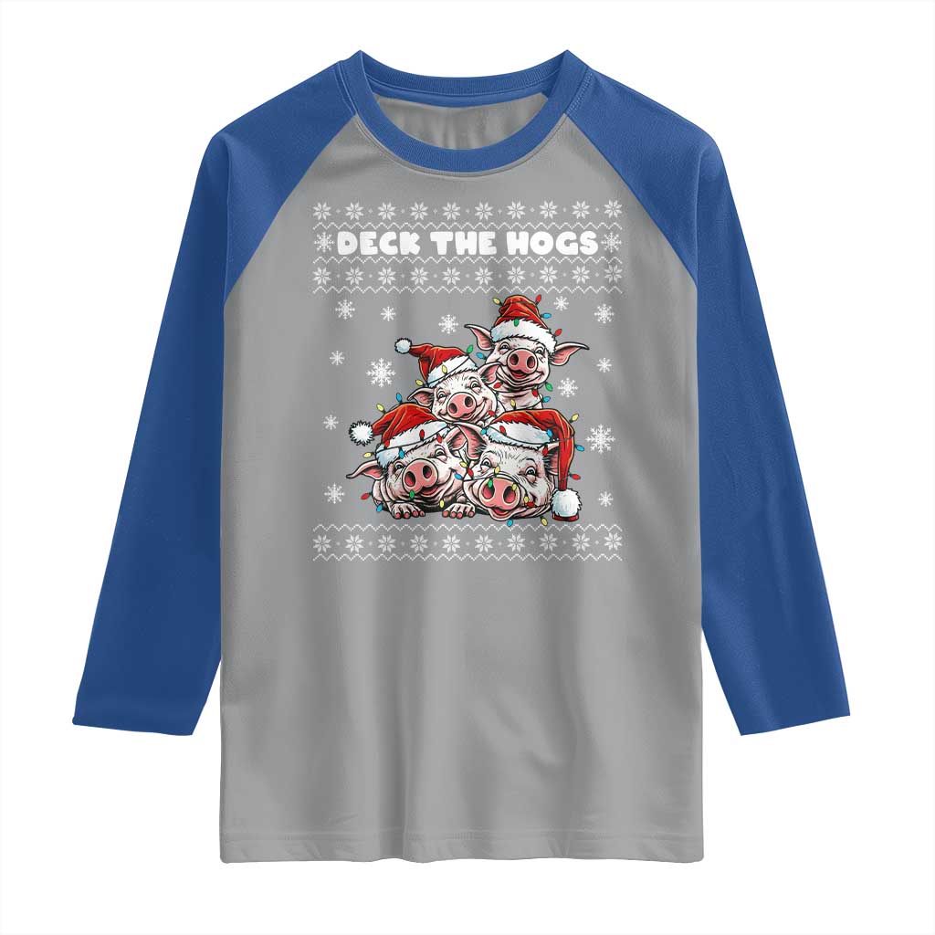 Deck The Hogs Ugly Christmas Sweater Raglan Shirt Pig Lover Gift TS12 Sport Gray Royal Print Your Wear