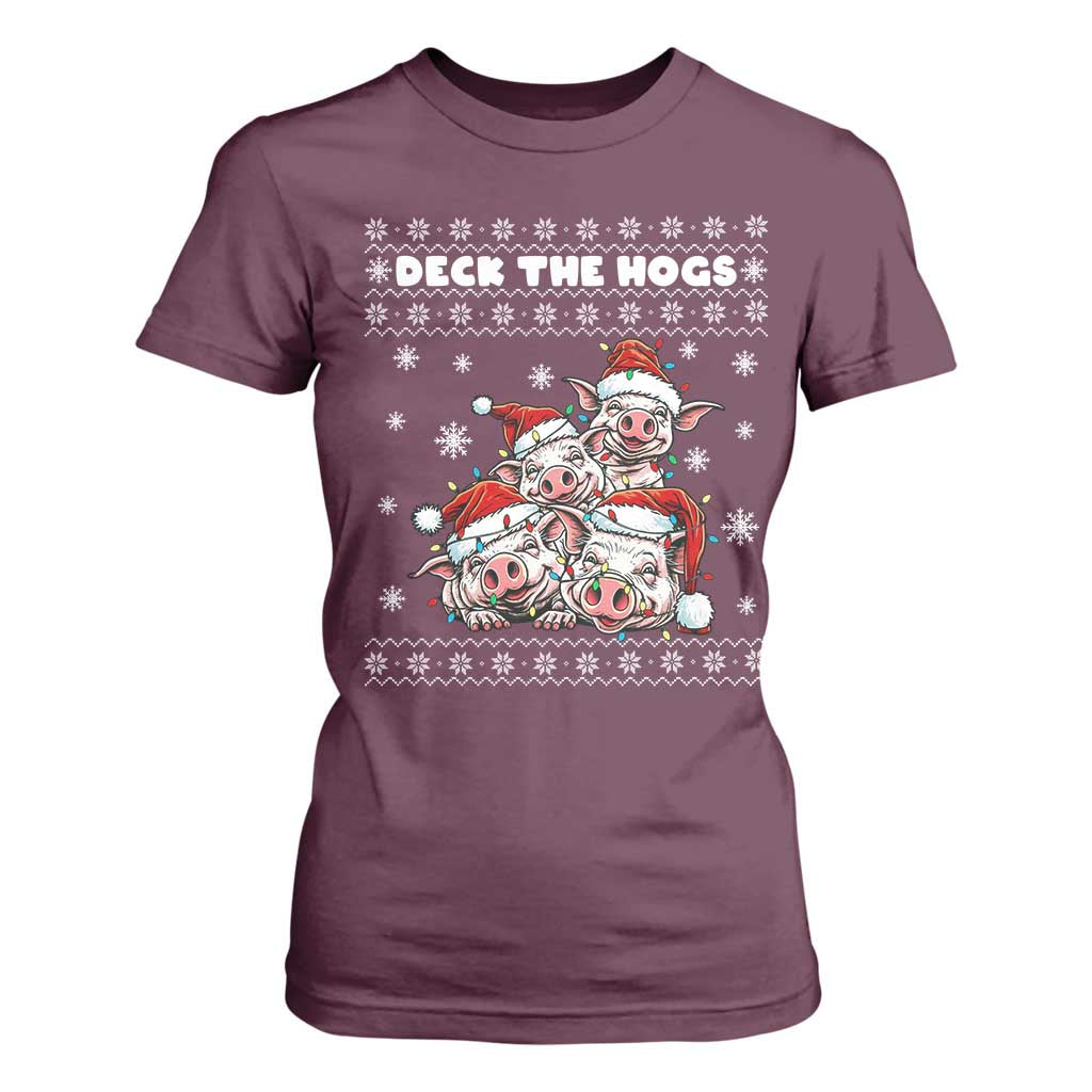 Deck The Hogs Ugly Christmas Sweater T Shirt For Women Pig Lover Gift TS12 Maroon Print Your Wear