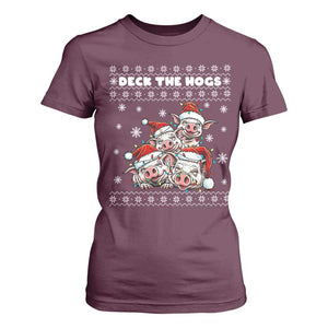 Deck The Hogs Ugly Christmas Sweater T Shirt For Women Pig Lover Gift TS12 Maroon Print Your Wear