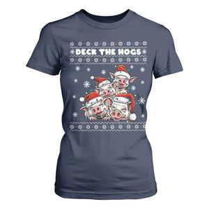 Deck The Hogs Ugly Christmas Sweater T Shirt For Women Pig Lover Gift TS12 Navy Print Your Wear