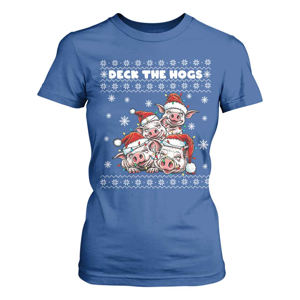 Deck The Hogs Ugly Christmas Sweater T Shirt For Women Pig Lover Gift TS12 Royal Blue Print Your Wear