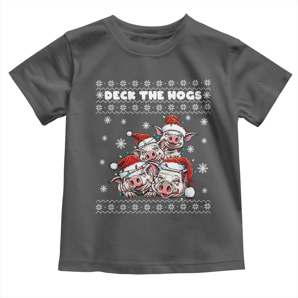 Deck The Hogs Ugly Christmas Sweater Toddler T Shirt Pig Lover Gift TS12 Dark Heather Print Your Wear