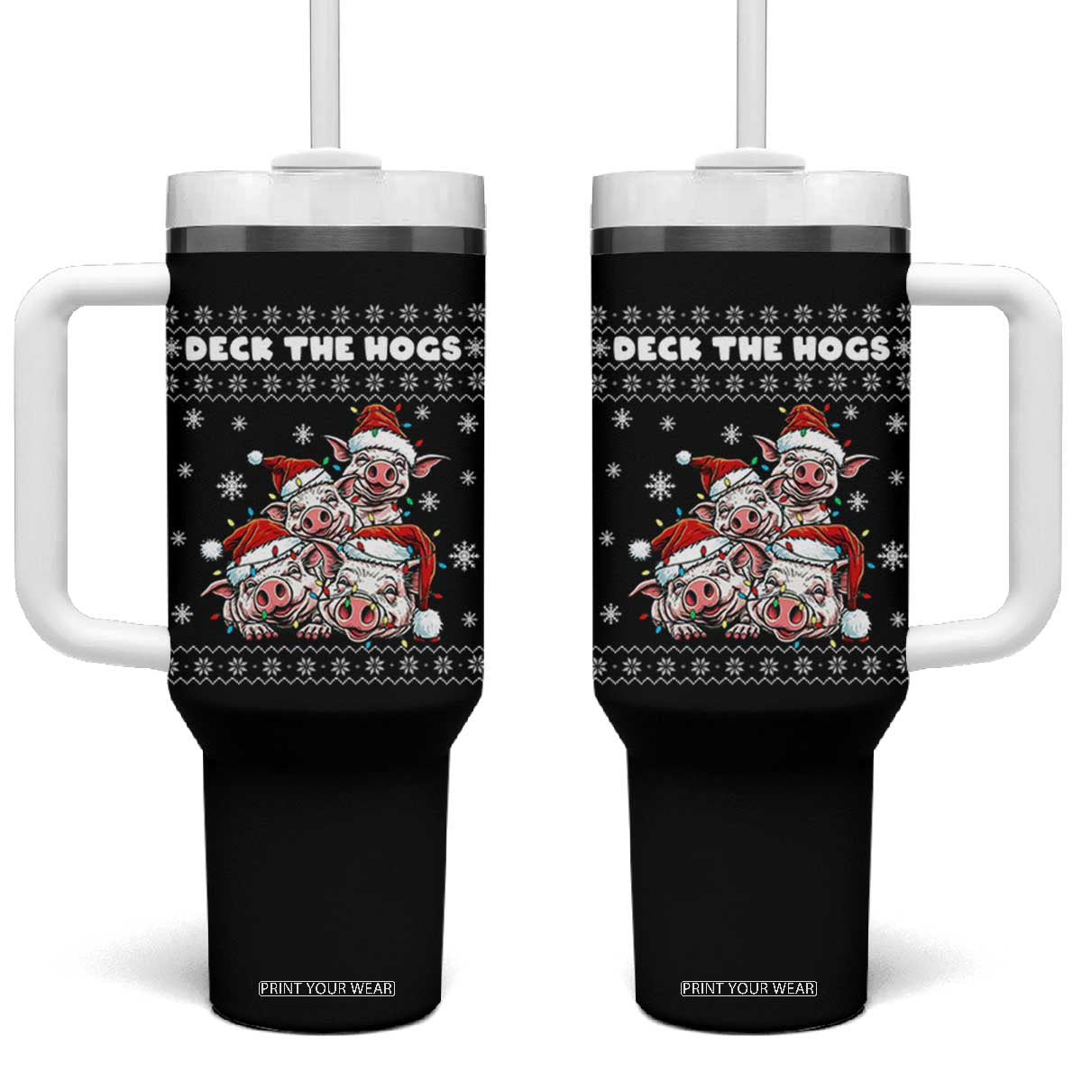 Deck The Hogs Ugly Christmas Sweater Tumbler With Handle Pig Lover Gift TS12 One Size: 40 oz Black Print Your Wear