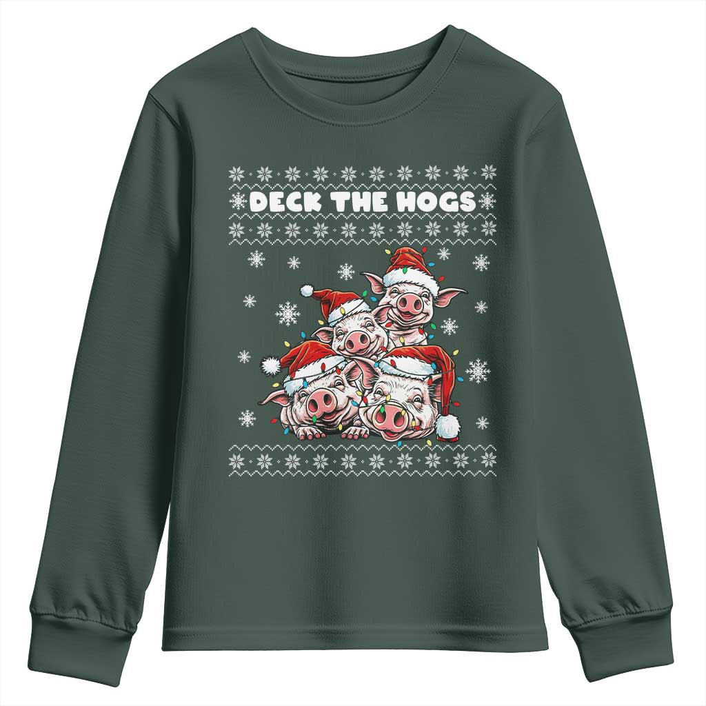 Deck The Hogs Ugly Christmas Sweater Youth Sweatshirt Pig Lover Gift TS12 Dark Forest Green Print Your Wear