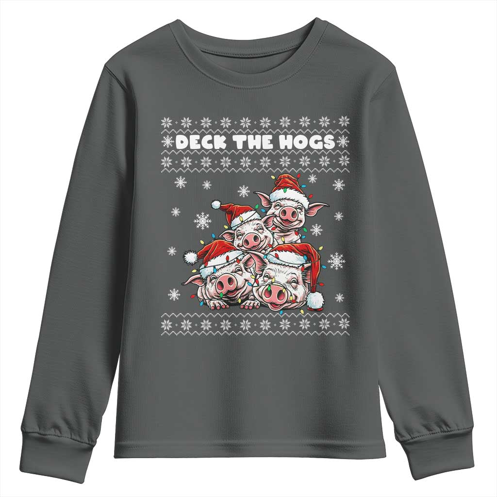 Deck The Hogs Ugly Christmas Sweater Youth Sweatshirt Pig Lover Gift TS12 Dark Heather Print Your Wear