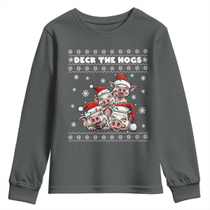 Deck The Hogs Ugly Christmas Sweater Youth Sweatshirt Pig Lover Gift TS12 Dark Heather Print Your Wear