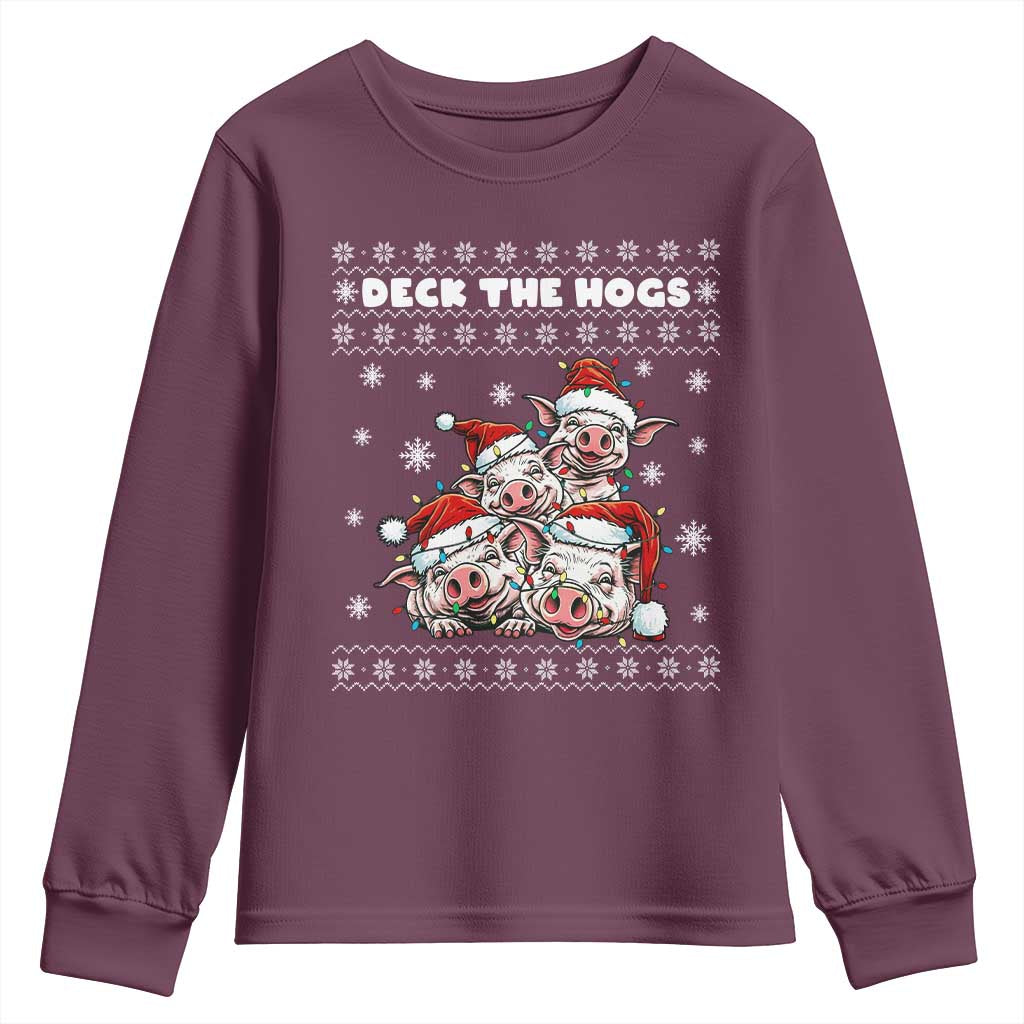 Deck The Hogs Ugly Christmas Sweater Youth Sweatshirt Pig Lover Gift TS12 Maroon Print Your Wear