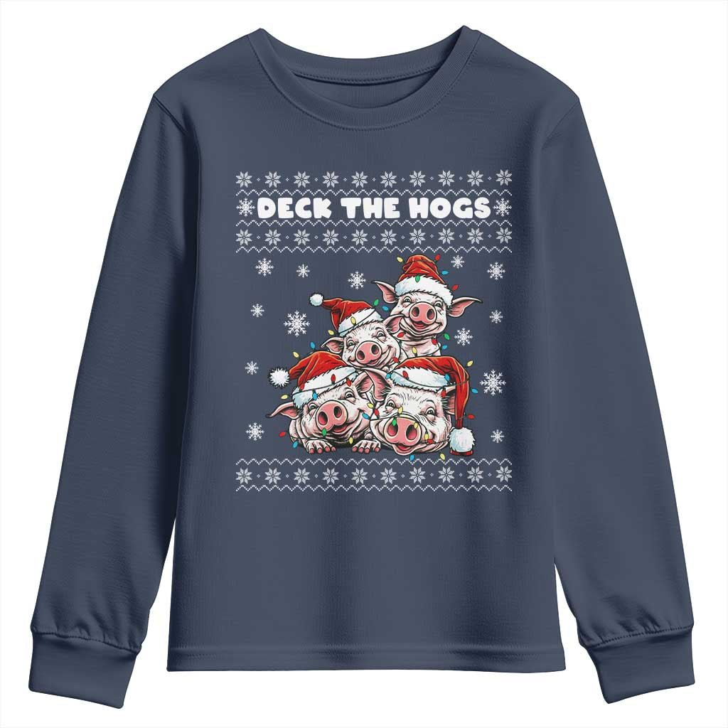 Deck The Hogs Ugly Christmas Sweater Youth Sweatshirt Pig Lover Gift TS12 Navy Print Your Wear