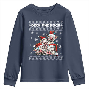 Deck The Hogs Ugly Christmas Sweater Youth Sweatshirt Pig Lover Gift TS12 Navy Print Your Wear