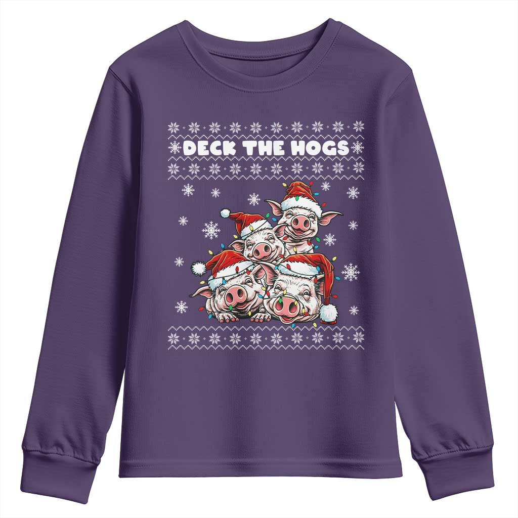 Deck The Hogs Ugly Christmas Sweater Youth Sweatshirt Pig Lover Gift TS12 Purple Print Your Wear