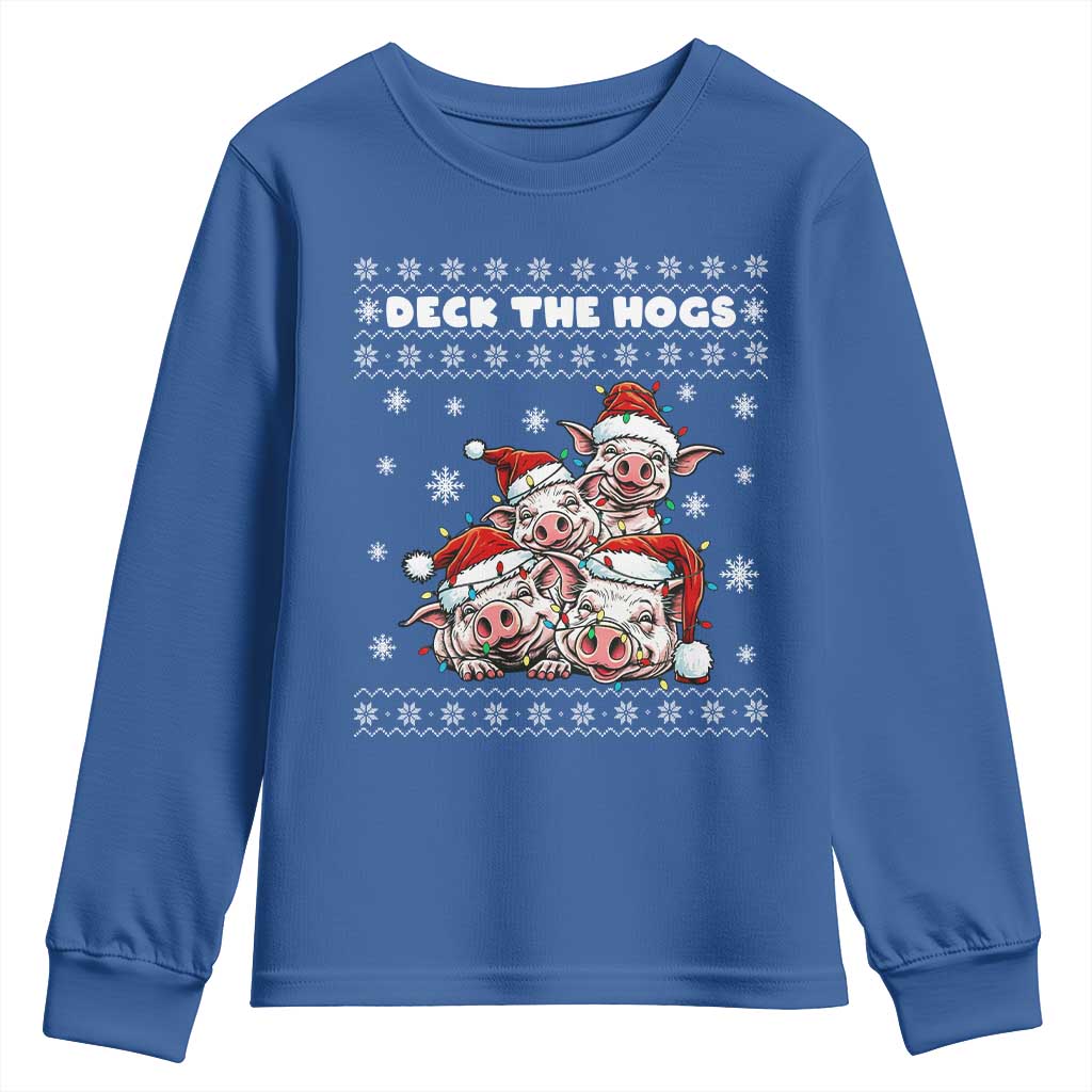 Deck The Hogs Ugly Christmas Sweater Youth Sweatshirt Pig Lover Gift TS12 Royal Blue Print Your Wear