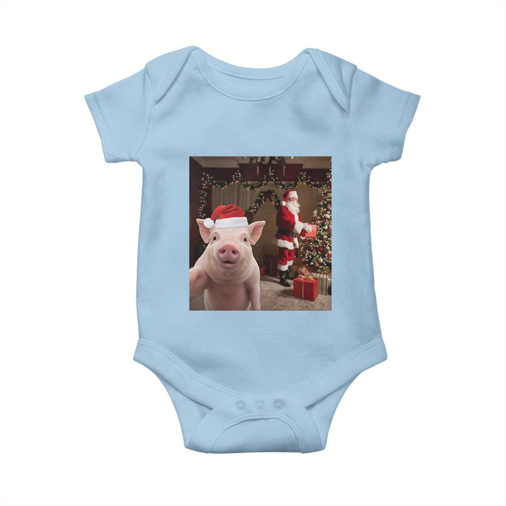 Funny Christmas Pig Selfie With Santa Gift Baby Onesie TS12 Light Blue Print Your Wear