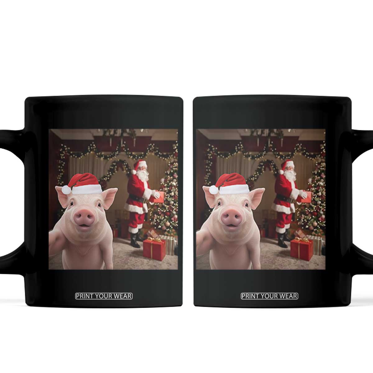 Funny Christmas Pig Selfie With Santa Gift Coffee Mug TS12 Black Print Your Wear