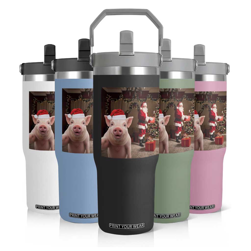 Funny Christmas Pig Selfie With Santa Gift Flip Straw Tumbler TS12 Print Your Wear
