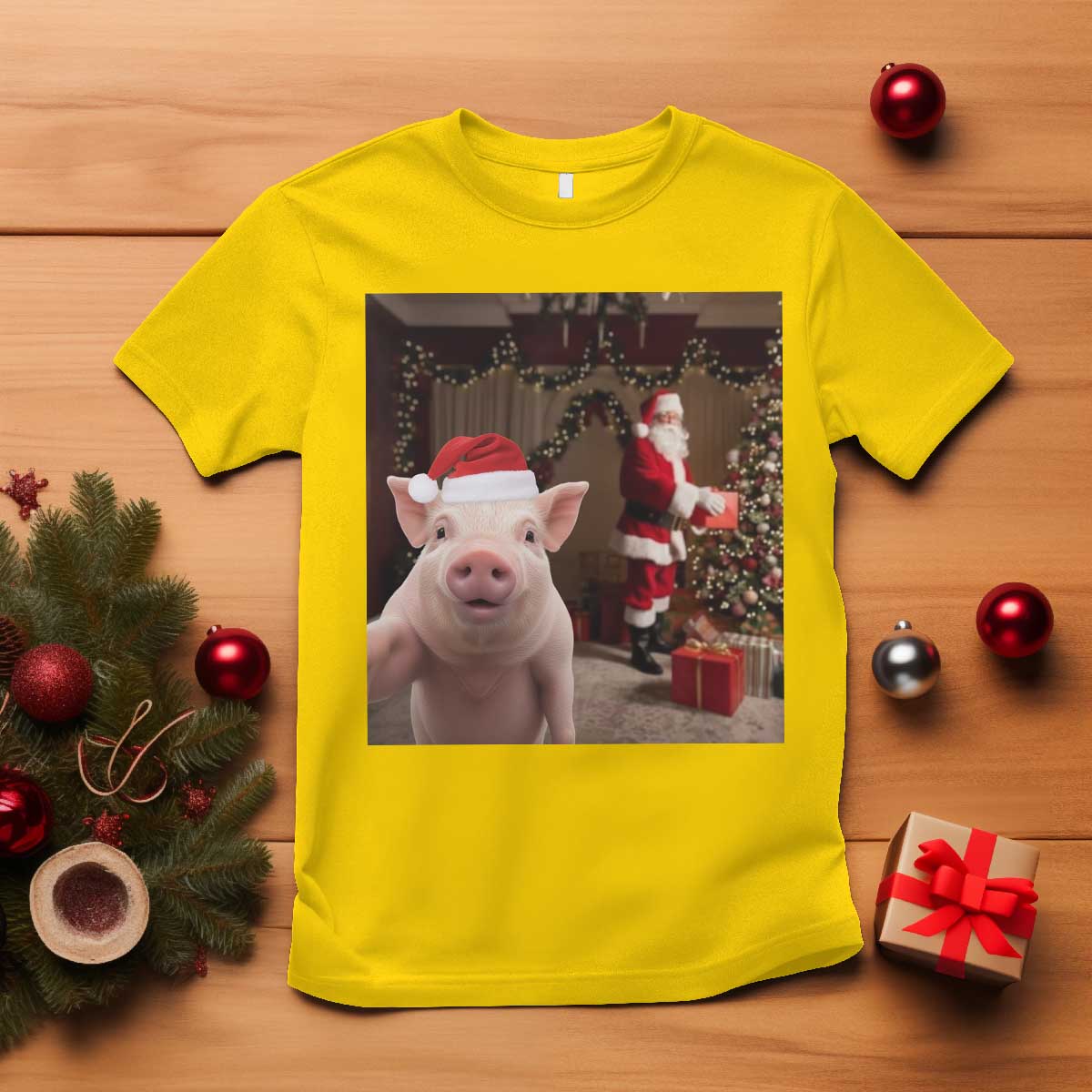 Funny Christmas Pig Selfie With Santa Gift T Shirt TS12 Daisy Print Your Wear
