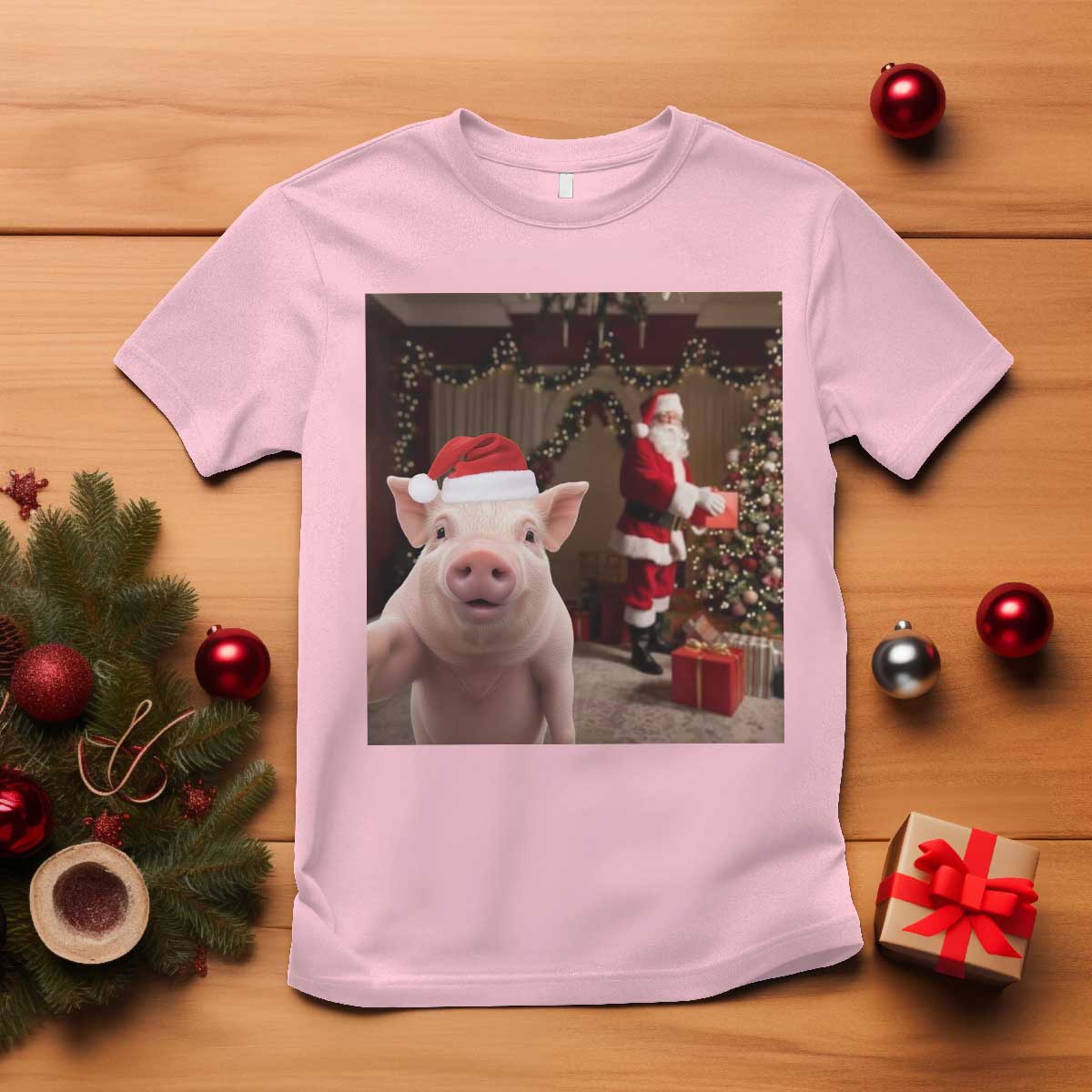 Funny Christmas Pig Selfie With Santa Gift T Shirt TS12 Light Pink Print Your Wear