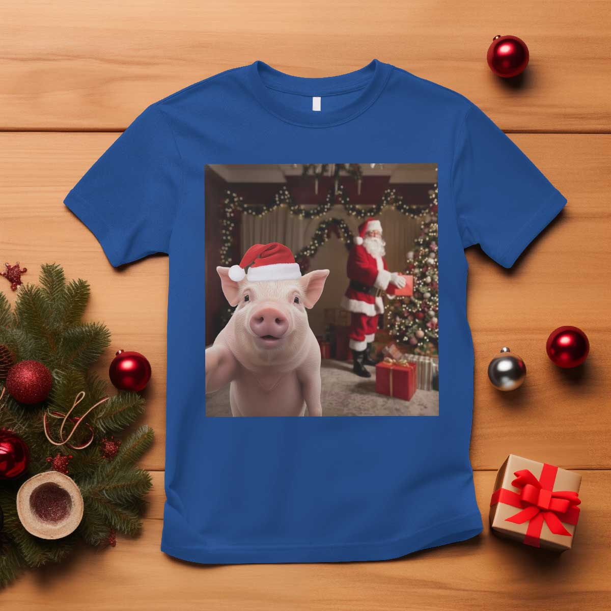 Funny Christmas Pig Selfie With Santa Gift T Shirt TS12 Royal Blue Print Your Wear