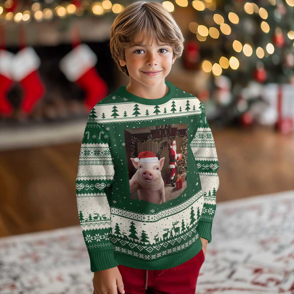 Funny Christmas Pig Selfie With Santa Gift Ugly Christmas Sweater TS12 Forest Green Beige Print Your Wear