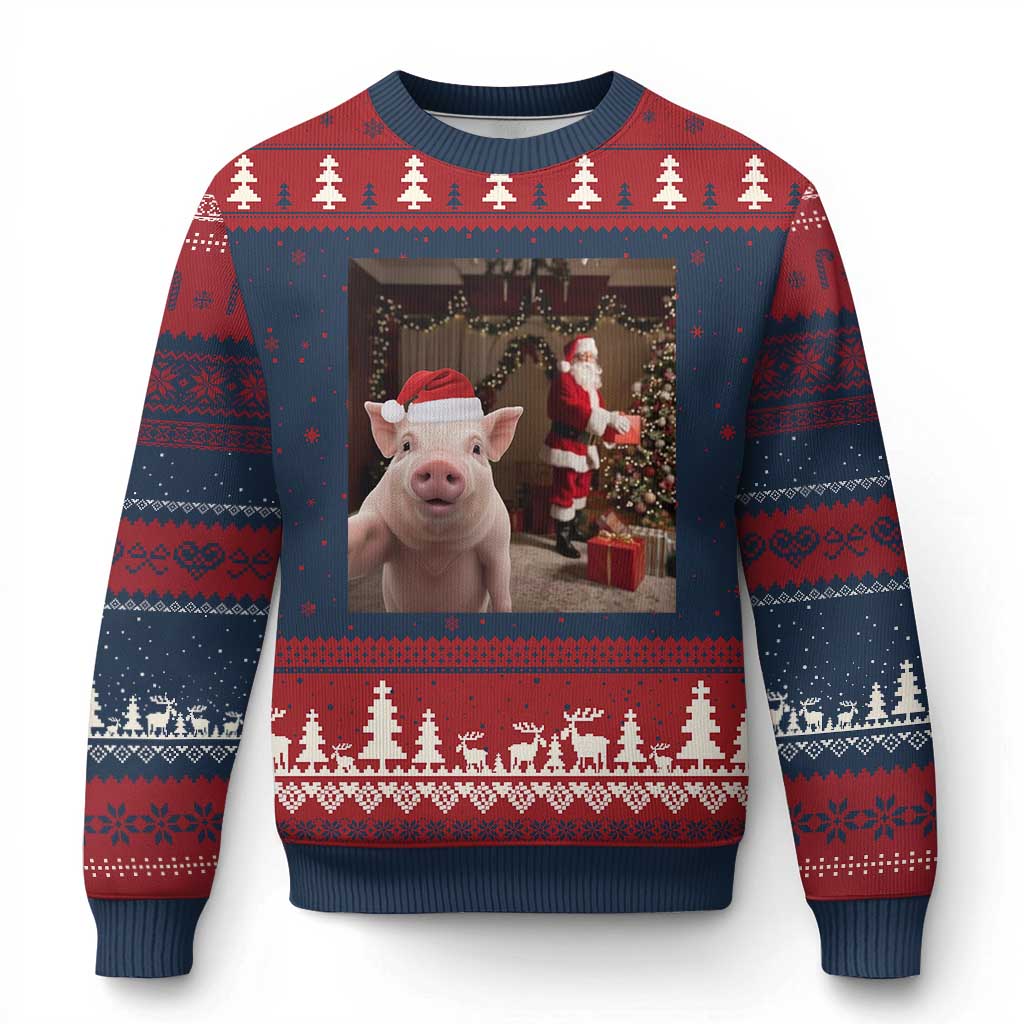 Funny Christmas Pig Selfie With Santa Gift Ugly Christmas Sweater TS12 Navy Red Print Your Wear