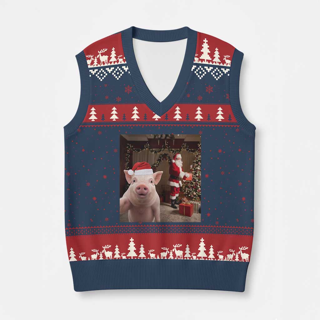 Funny Christmas Pig Selfie With Santa Gift V-Neck Knit Sweater Vest TS12 Navy Red Print Your Wear