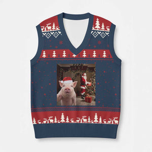 Funny Christmas Pig Selfie With Santa Gift V-Neck Knit Sweater Vest TS12 Navy Red Print Your Wear