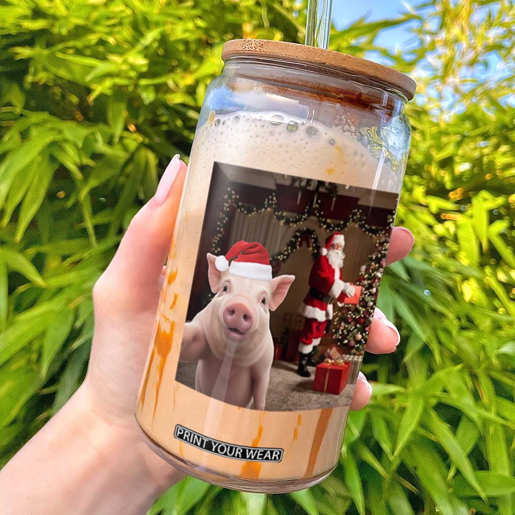 Funny Christmas Pig Selfie With Santa Gift Glass Can TS12 Black Print Your Wear